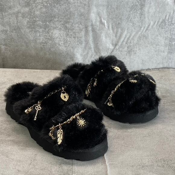 WILD PAIR Women's Black Paiyge Chain Faux-Fur Slide Slip-On Slippers SZ 6 - Picture 2 of 10